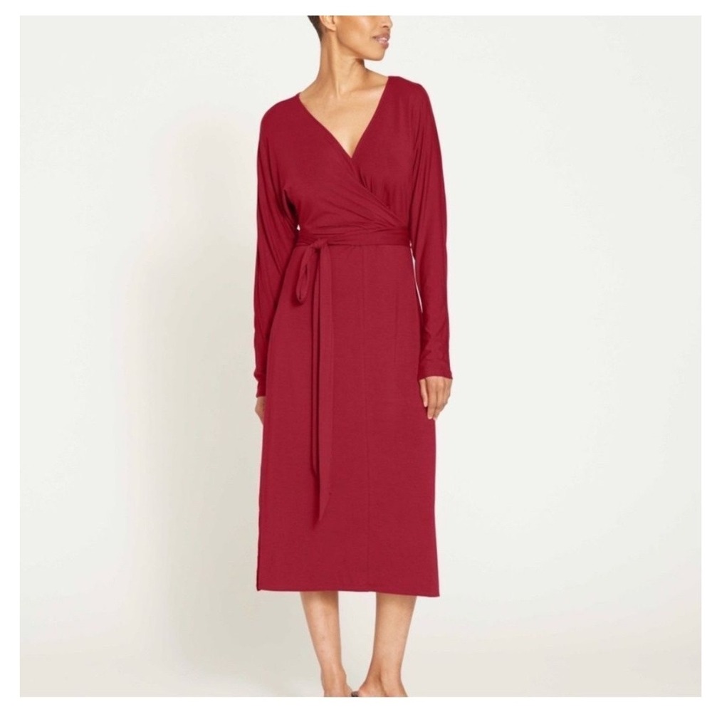 Universal Standard Wrap Front Dress 22/24 Burgundy Stretch Midi Minimalist Chic